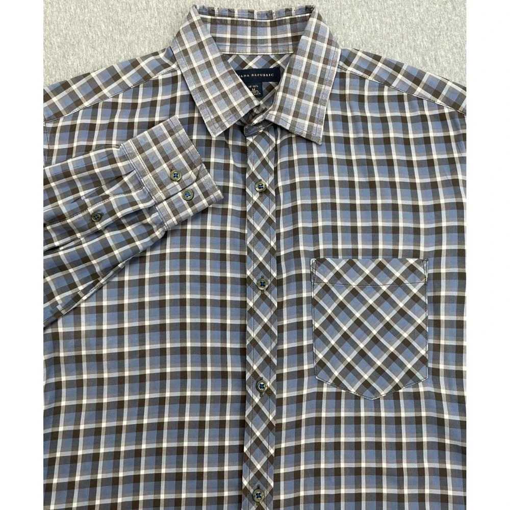 Banana Republic Shirt Men Medium (15-15.5)  Plaid Cotton Blend Stretch Button Up